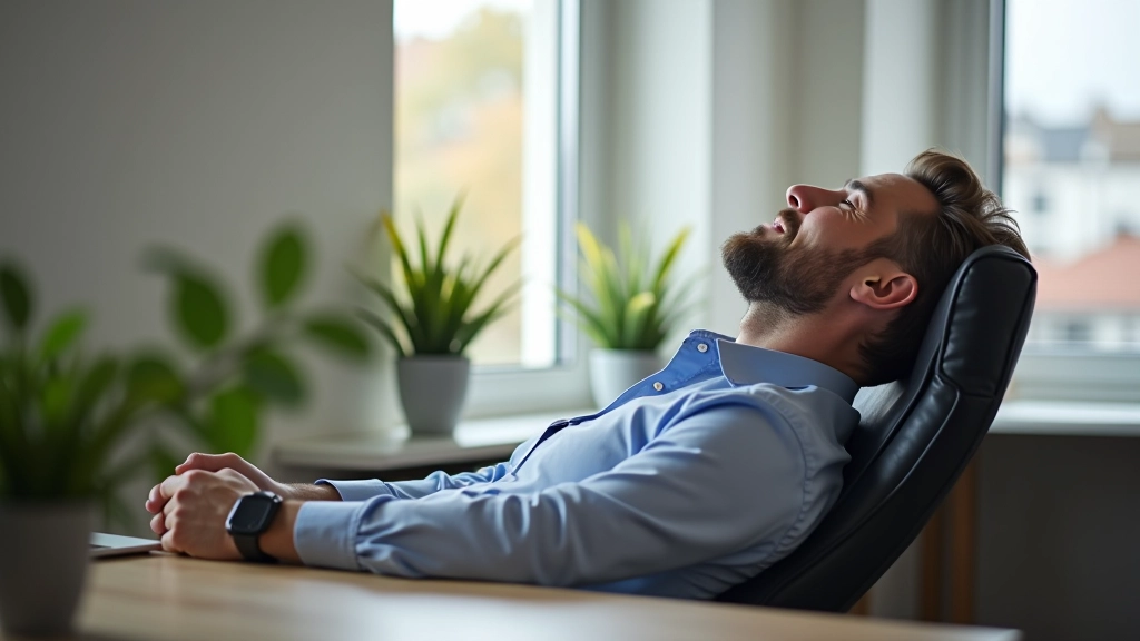Professionel mand ved skrivebord, der tager en bevidst pause fra arbejdet