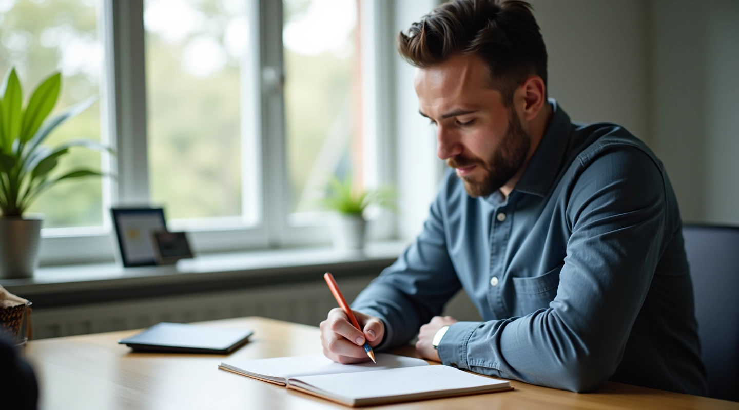 Professionel mand ved sit skrivebord, der skriver noter i notesbog, stille kontorsmiljø