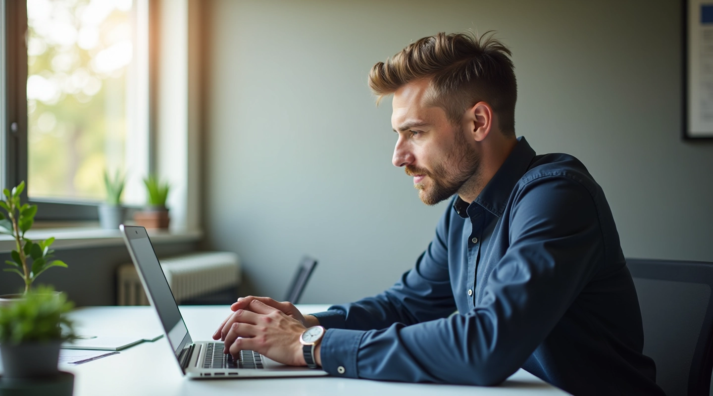 Professionel mand i moderne kontormiljø, der arbejder fokuseret ved sit skrivebord