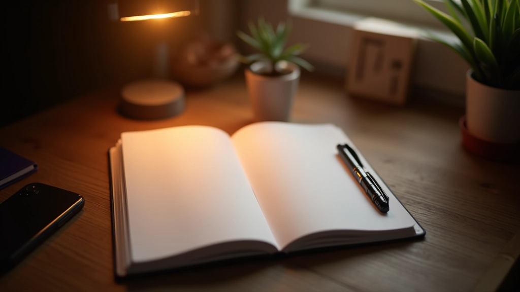 Åben notesbog med refleksive noter, en pen ved siden af, varmt lys fra lampe på skrivebord