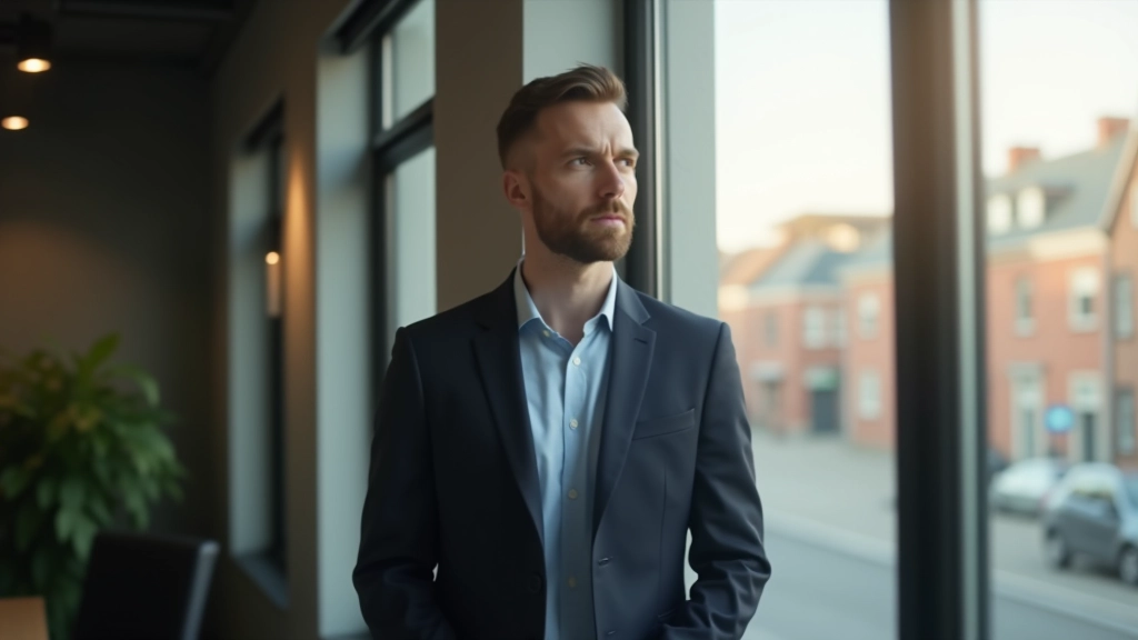 Person ved window i kontor, tænksom udtryk, lyst dagslys, roligt arbejdsmiljø