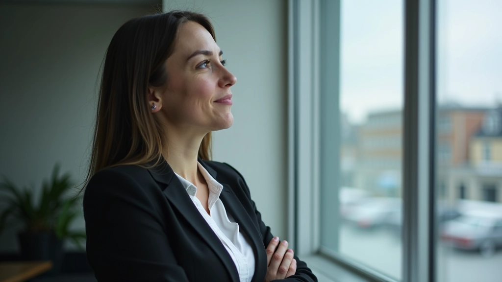 Kvinde på arbejdspladsen, der tager en velfortjent pause og ser ud ad vinduet, naturligt dagslys