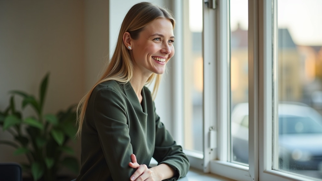 Glad professionel kvinde ved vinduespost på arbejde, der smiler og ser fokuseret ud