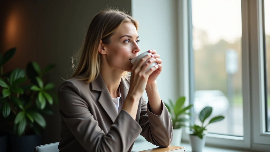 Professionel kvinde i pause, der drikker kaffe ved vindue og ser ud med roligt ansigtsudtryk